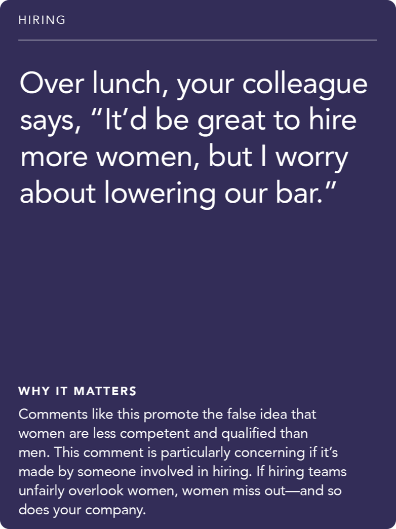 Front of card: Situation – Over lunch, your colleague says, “It’d be great to hire more women, but I worry about lowering our bar.”