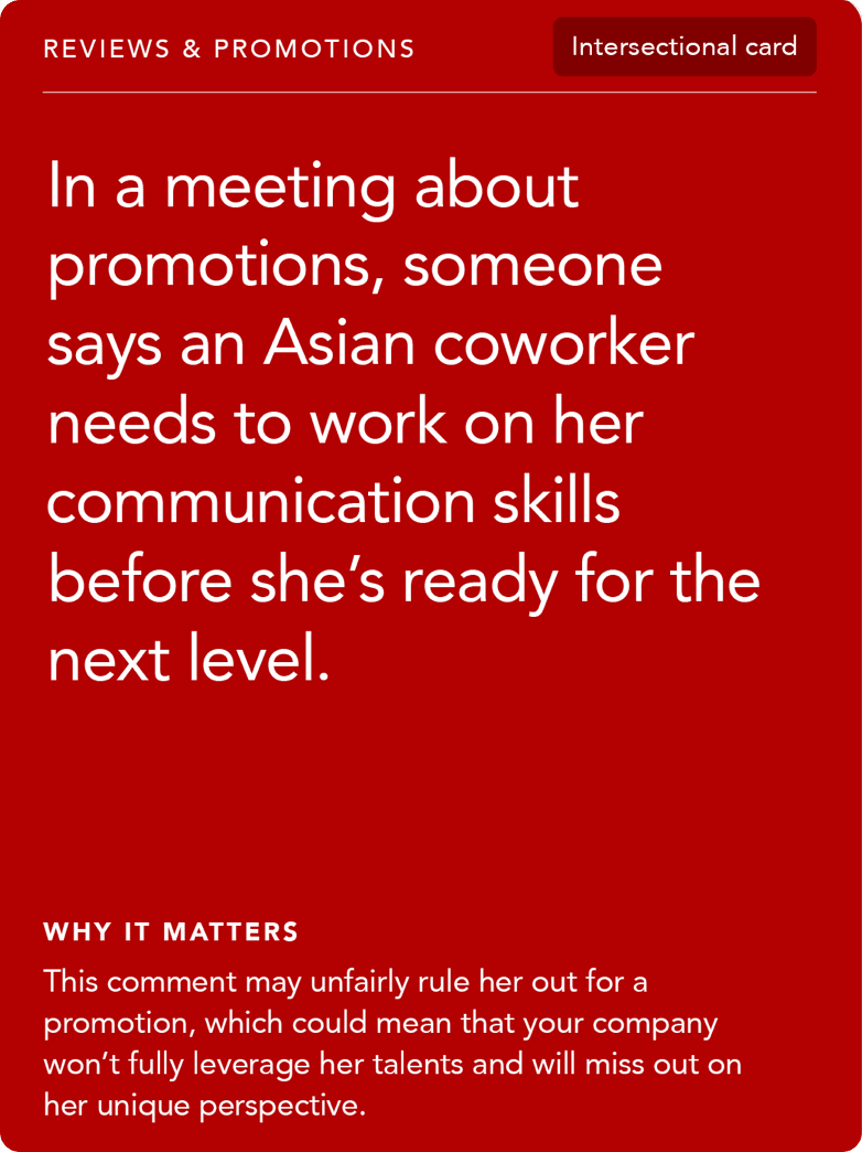 Front of card: Situation - In a meeting about promotions, someone says an Asian coworker needs to work on her communication skills before she’s ready for the next level